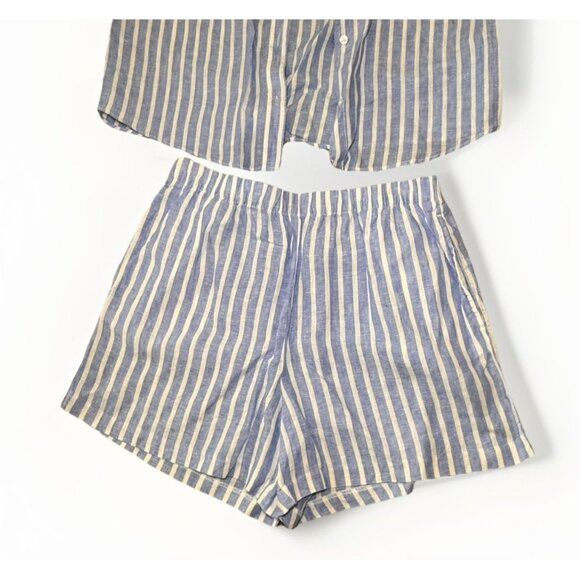 H & M Blue And White Striped Linen Short And Button Down Shirt Set Size Medium - Picture 4 of 7
